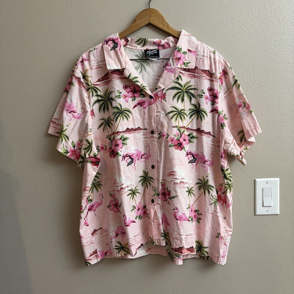 VTG Shannon Marie Authentic Hawaiian Shirt Flamingo Pink Palm 3X Made in USA